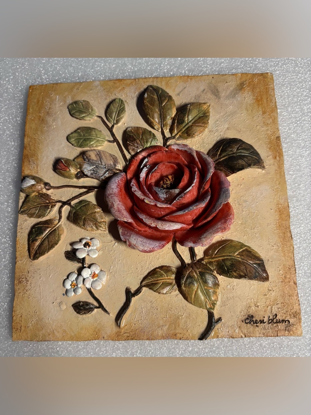 Vintage Cheri Blum 3D Rose Wall Plaque Resin Floral Art Tile Relief Signed